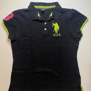 U.S Polo Assn Womens Short Sleeve Polo Shirt Size M Black/Neon/Pink Logo